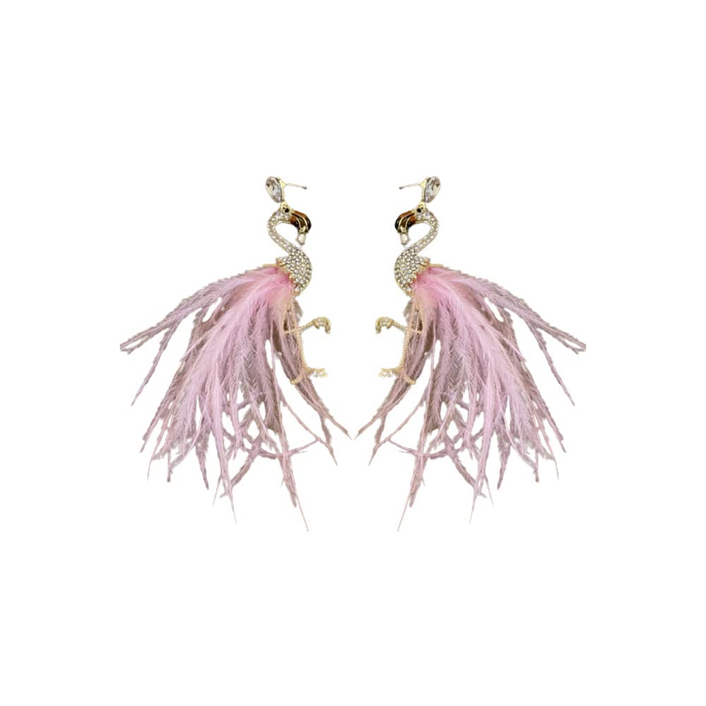 Pink Feather Flamingo Statement Dangle Drop Earrings 14K Gold Plated Cubic Zirconia Large Bird Boho Dangling Hook Earrings Hoops Stud Fashion Jewelry Gifts for Women Girls