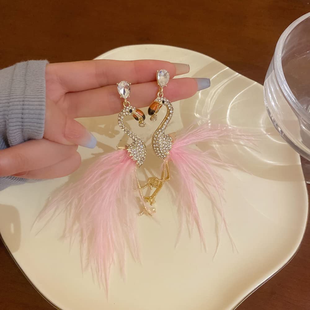 Pink Feather Flamingo Statement Dangle Drop Earrings 14K Gold Plated Cubic Zirconia Large Bird Boho Dangling Hook Earrings Hoops Stud Fashion Jewelry Gifts for Women Girls