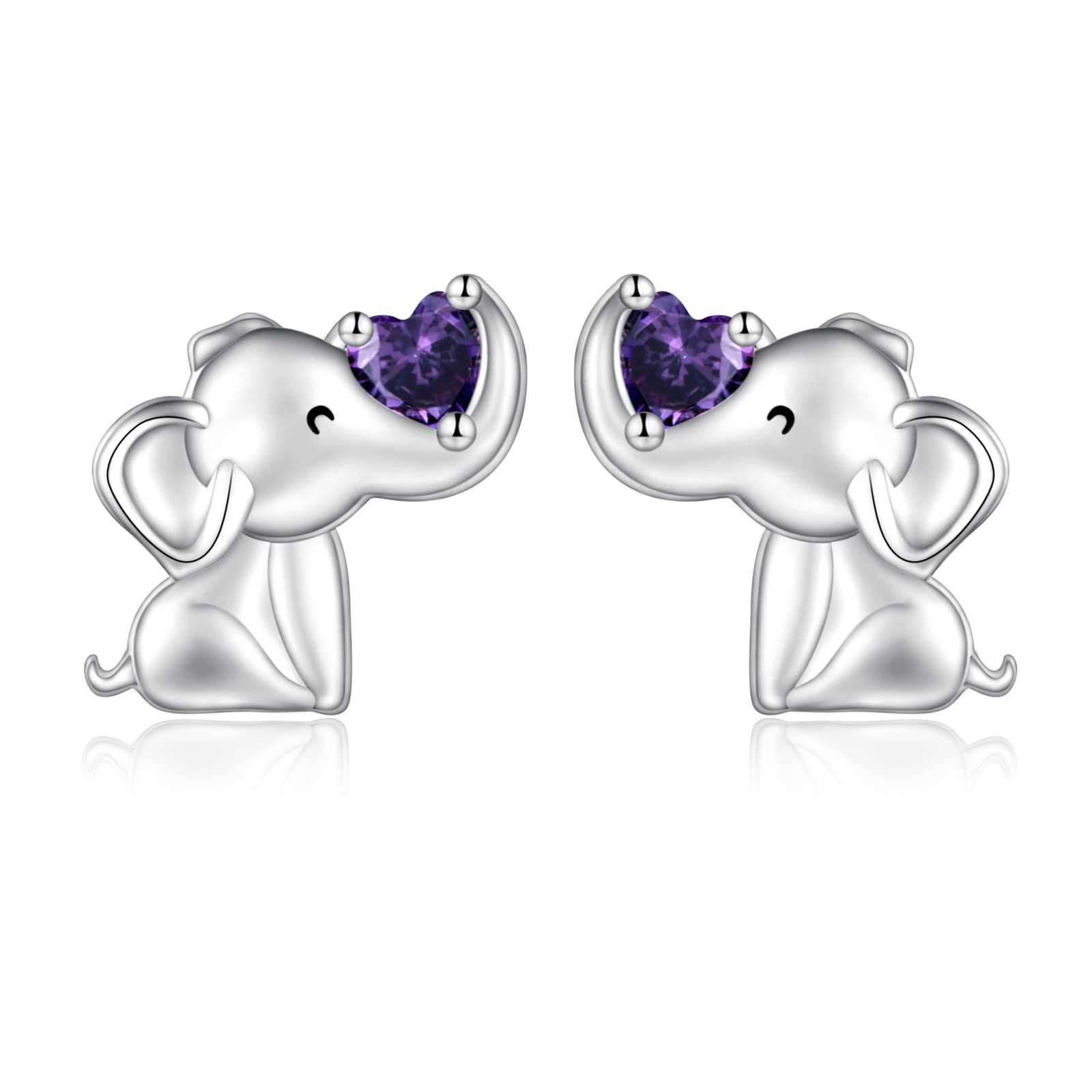 925 Sterling Silver Elephant Earrings Stud Birthstone Hypoallergenic Cute Animal Earrings Jewelry Gift for Women (Purple)