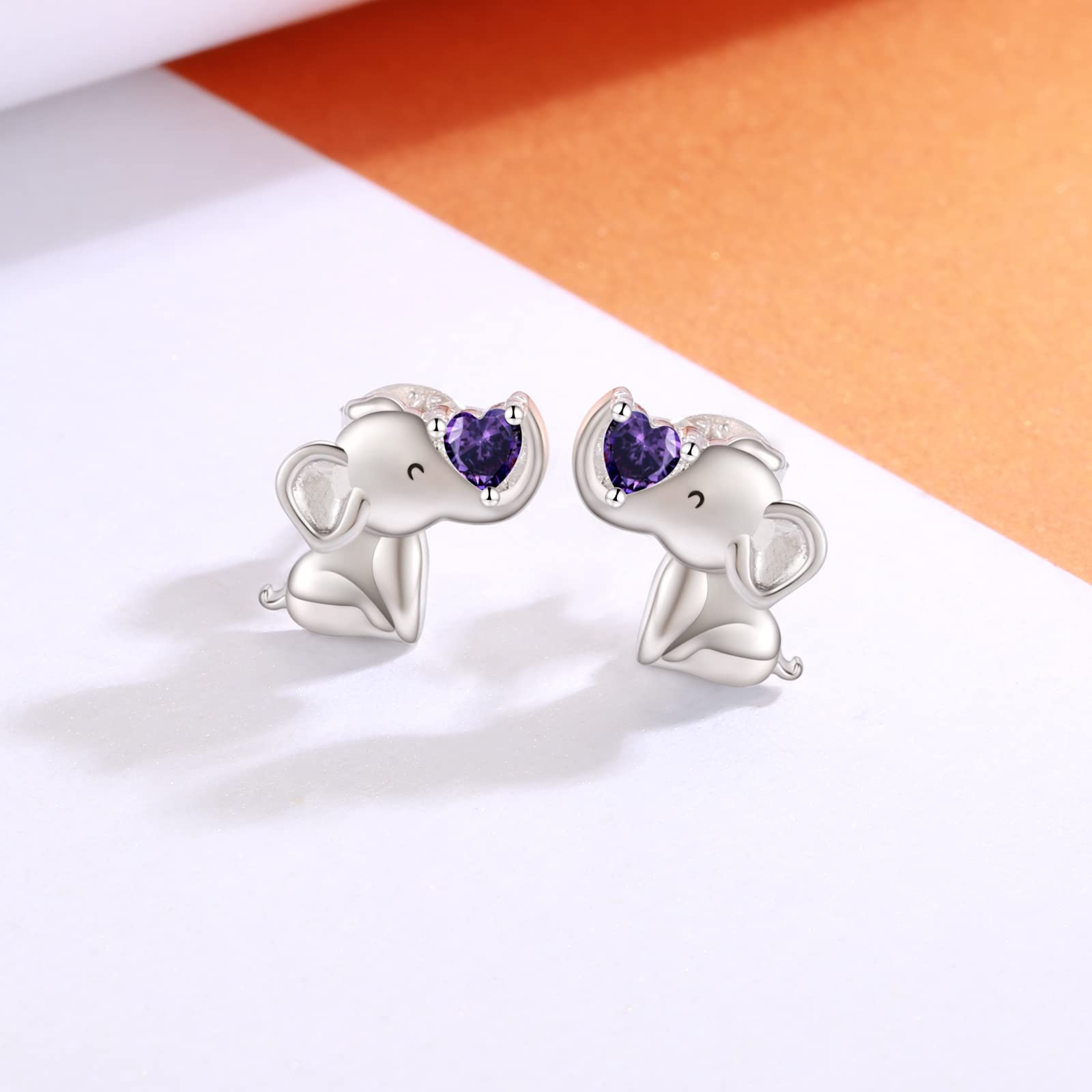 925 Sterling Silver Elephant Earrings Stud Birthstone Hypoallergenic Cute Animal Earrings Jewelry Gift for Women (Purple)