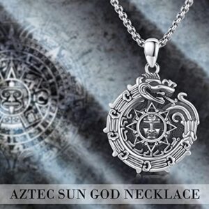 Aututer Aztec Ouroboros Necklace Sterling Silver Sun God Necklace Round Pendant Aztec Jewelry for Men Women Halloween Christmas Jewelry Gifts