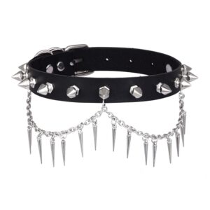 FNQUFUJ Punk Spiked Choker Necklace For Women Men Leather Collar Spikey Chain Studded Chocker Goth Jewelry Halloween Cosplay Accessories (black)