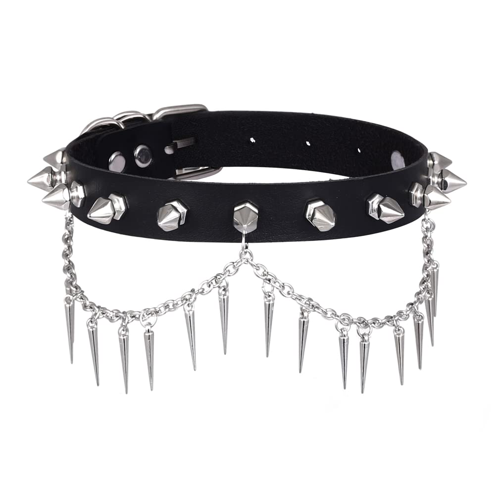 FNQUFUJ Punk Spiked Choker Necklace For Women Men Leather Collar Spikey Chain Studded Chocker Goth Jewelry Halloween Cosplay Accessories (black)