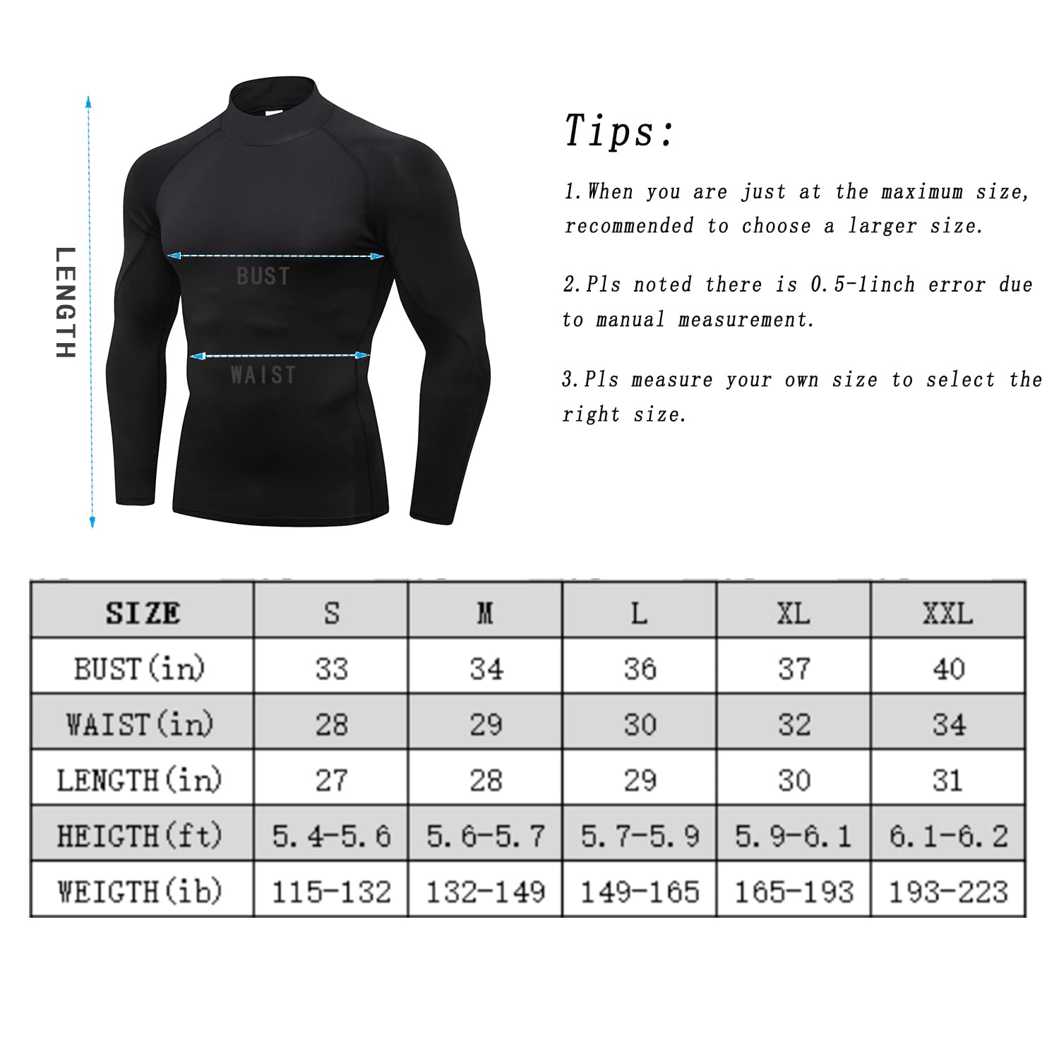 WRAGCFM Men's Compression Shirts Long Sleeve Athletic Running Cool Dry Active Tops Workout Sports Gym Baselayer（Black，S）