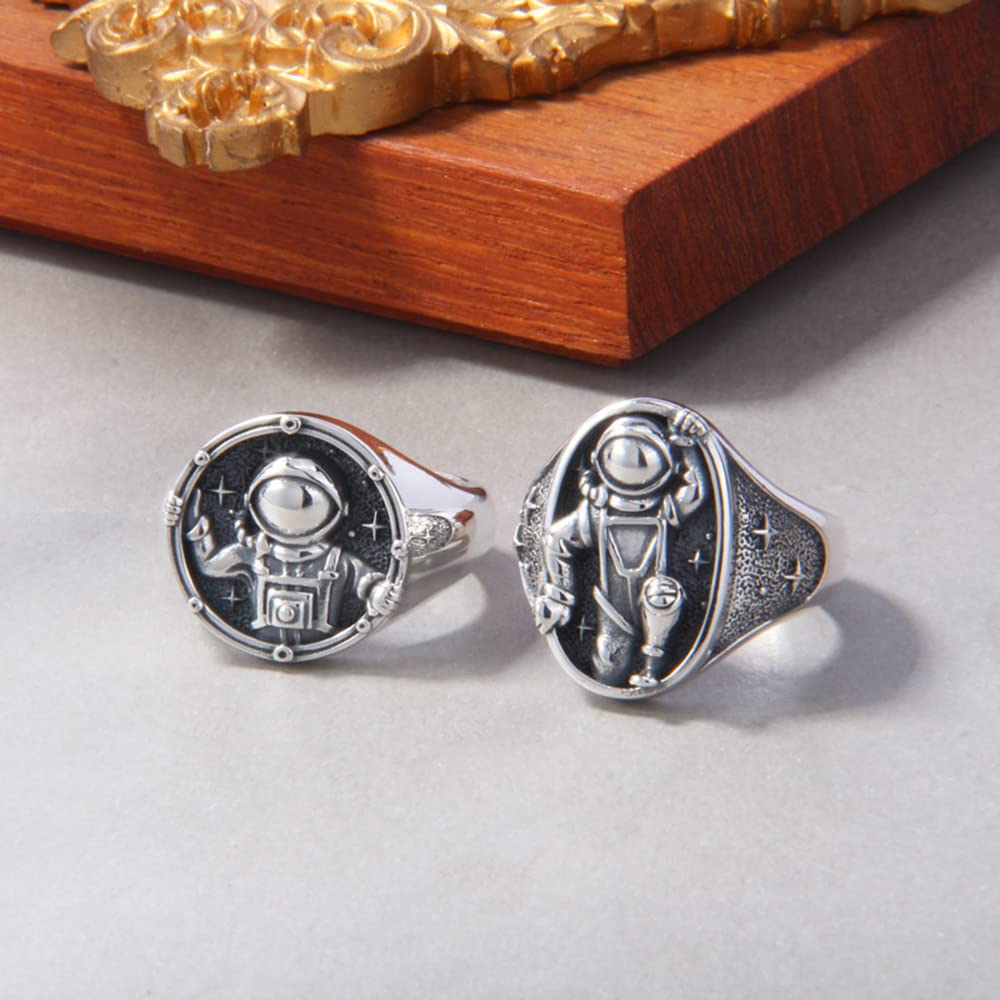 Vintage Astronaut Open Statement Rings for Men Women S925 Sterling Silver Plated Unique Romantic Engagement Wedding Planet Star Spaceship Universe Adjustable Ring Fashion Promise Jewelry Gift for Valentine's Day Anniversary Xmas Bff (Oval)