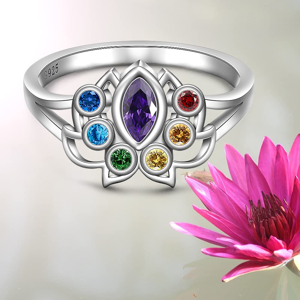 Talonior Lotus 7 Chakra Ring for Women Yoga Lotus Flower Chakra Rings Sterling Silver 925 CZ Healing Crystal Stone Protection Anxiety Relief Jewelry Christmas Gifts Size 7