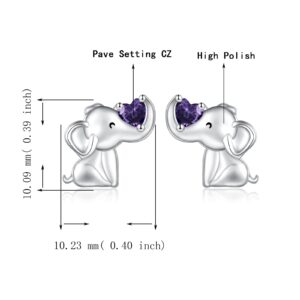 925 Sterling Silver Elephant Earrings Stud Birthstone Hypoallergenic Cute Animal Earrings Jewelry Gift for Women (Purple)