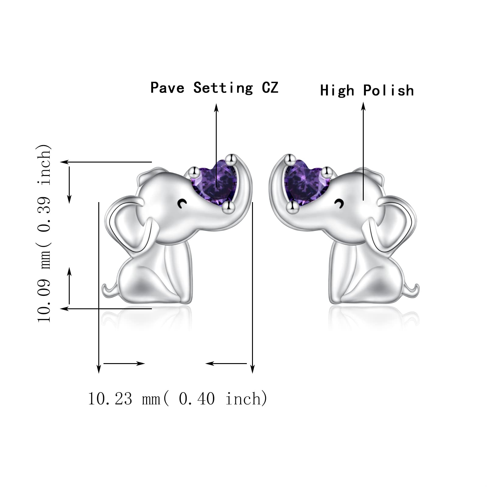 925 Sterling Silver Elephant Earrings Stud Birthstone Hypoallergenic Cute Animal Earrings Jewelry Gift for Women (Purple)