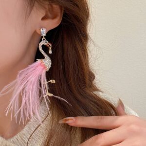 Pink Feather Flamingo Statement Dangle Drop Earrings 14K Gold Plated Cubic Zirconia Large Bird Boho Dangling Hook Earrings Hoops Stud Fashion Jewelry Gifts for Women Girls