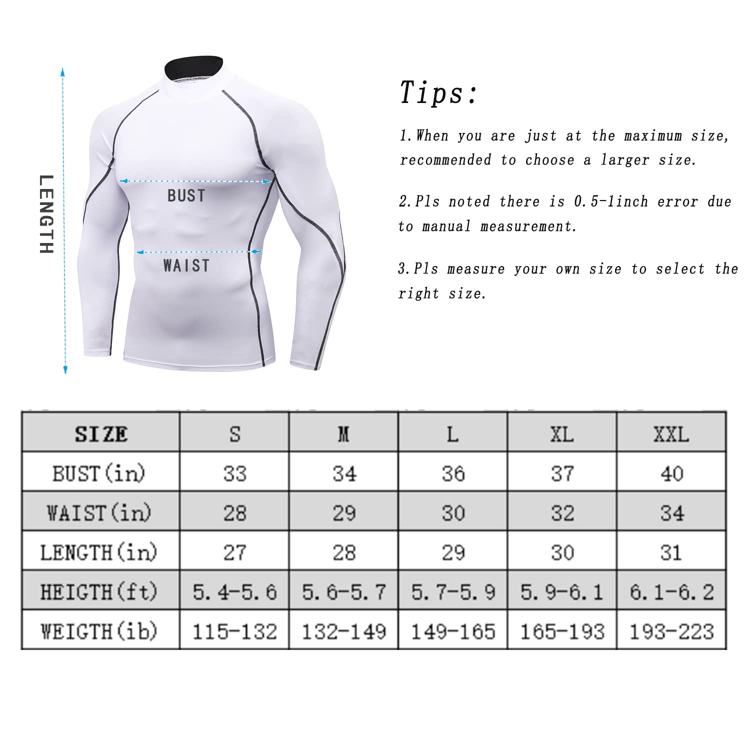 WRAGCFM Men's Compression Shirts Long Sleeve Athletic Running Cool Dry Active Tops Workout Sports Gym Baselayer（White，S）