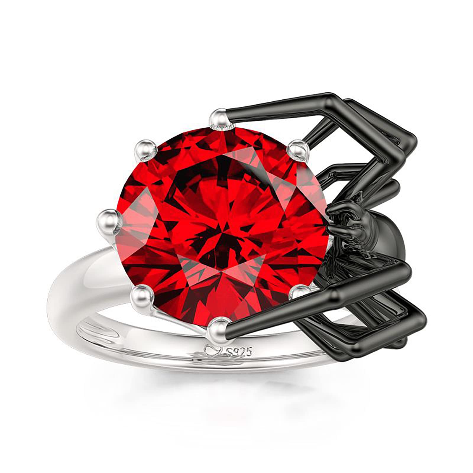 Jeulia Round Cut Silver Ring: Sterling Silver Hug Me Black Spider Gothic Ring Band Fashion Anniversary Promise Engagement Wedding Halloween Ring Set for Her with Gift Jewelry Box (Spider-Red, 8)