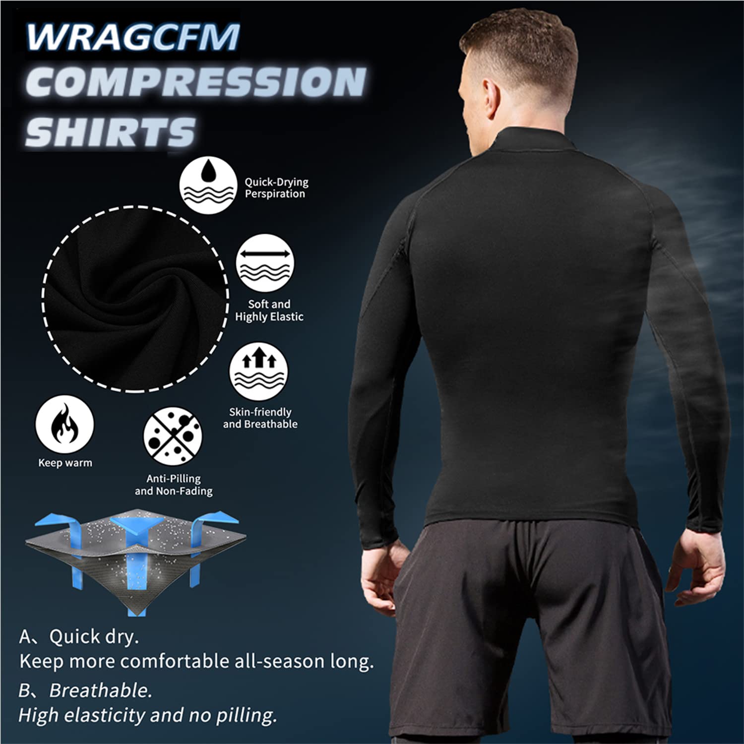 WRAGCFM Men's Compression Shirts Long Sleeve Athletic Running Cool Dry Active Tops Workout Sports Gym Baselayer（Black，S）