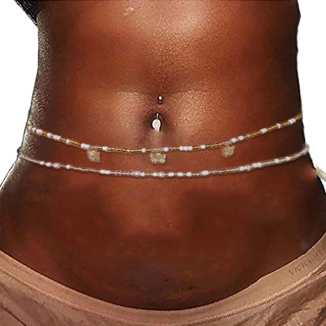 Woeoe Butterfly Waist Beads Gold Bead Belly Chain African Elastic Plus Size Waist Jewelry Body Accessories for Women and Girls