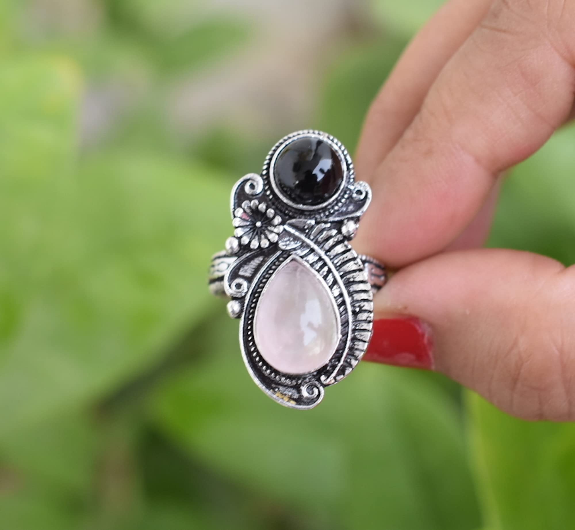 Rekha Gems Rose Quartz Ring-925 Sterling Silver Ring-Vintage Ring-Handmade Ring-Birthday Gift-Pink Gemstone Ring-Boho and Hippie Ring-Birthstone Ring-Rose Quartz Jewelry- ROS43(A) (11 US)