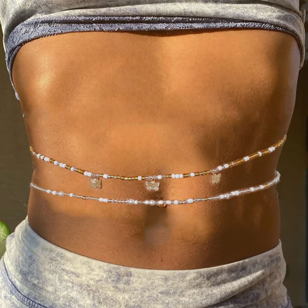 Woeoe Butterfly Waist Beads Gold Bead Belly Chain African Elastic Plus Size Waist Jewelry Body Accessories for Women and Girls