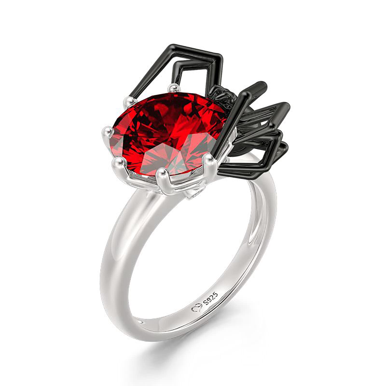 Jeulia Round Cut Silver Ring: Sterling Silver Hug Me Black Spider Gothic Ring Band Fashion Anniversary Promise Engagement Wedding Halloween Ring Set for Her with Gift Jewelry Box (Spider-Red, 8)