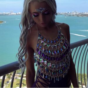 Sexy Rhinestone Bra Body Chain - Sparkly Crystal Body Jewelry - Gold Bikini Chains Top - Women Fashion Chest Accessories - Festival Rave Party Body Necklace (Colour Rhinestone Bra)