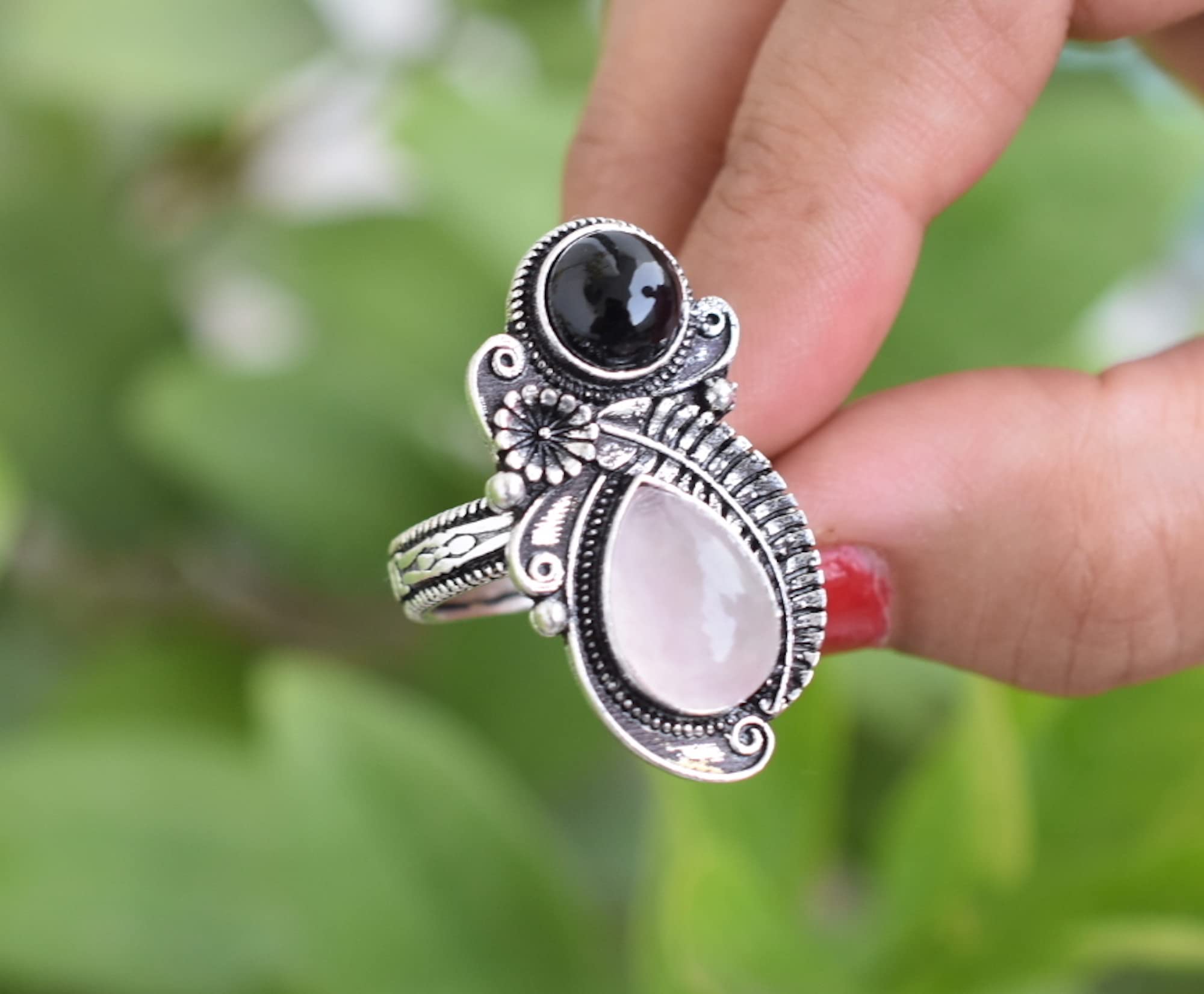 Rekha Gems Rose Quartz Ring-925 Sterling Silver Ring-Vintage Ring-Handmade Ring-Birthday Gift-Pink Gemstone Ring-Boho and Hippie Ring-Birthstone Ring-Rose Quartz Jewelry- ROS43(A) (11 US)