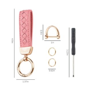 Genuine Leather Keychains, Handmade Knit Sheepskin Car Key chain for Women, Universal Key Fob Holder with 360 Degree Rotatable, Anti-Lost D-Ring, 2 Keyrings and 1 Screwdriver – Pink