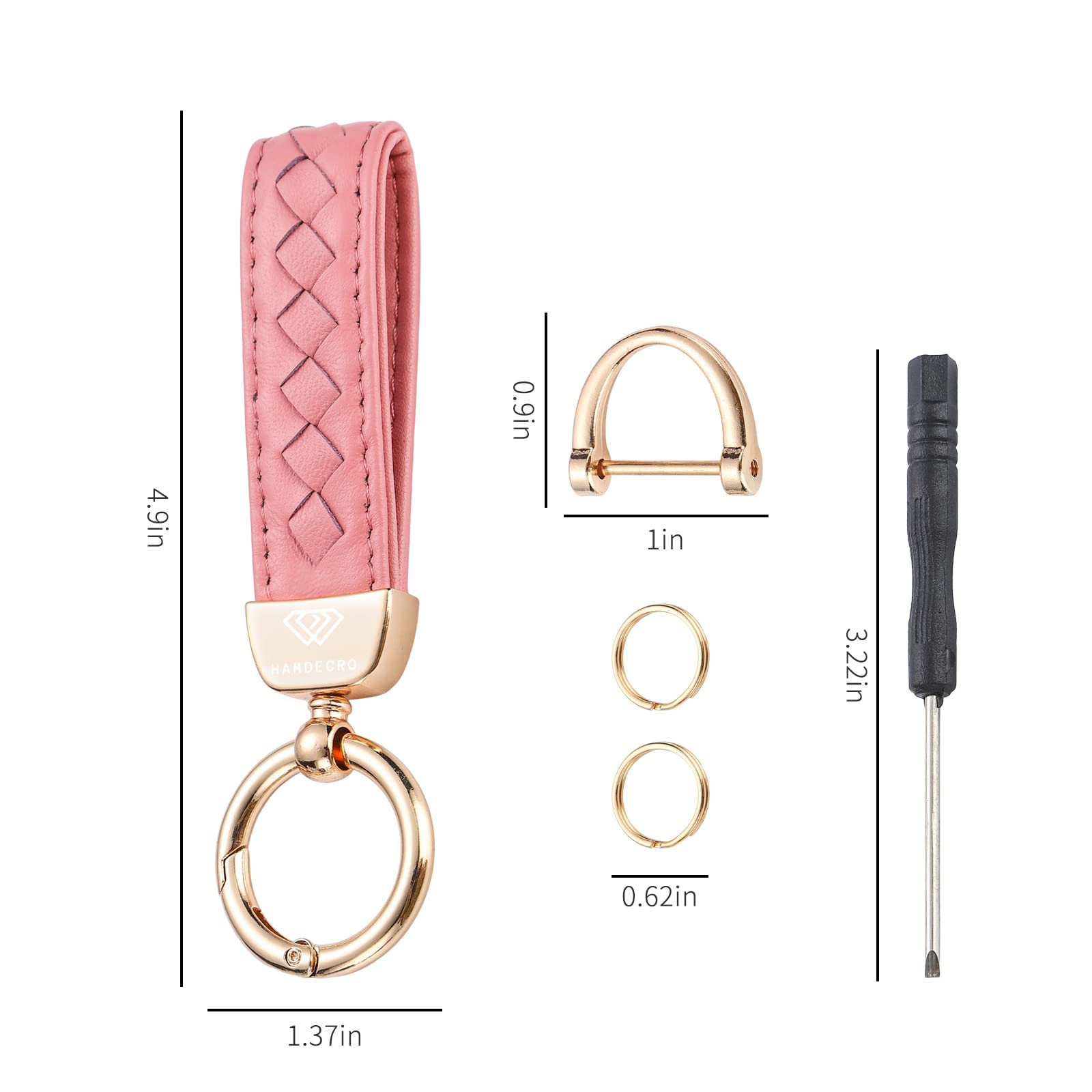 Genuine Leather Keychains, Handmade Knit Sheepskin Car Key chain for Women, Universal Key Fob Holder with 360 Degree Rotatable, Anti-Lost D-Ring, 2 Keyrings and 1 Screwdriver – Pink