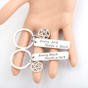 LQRI SPN Jewelry Bitch Jerk Keychain Every Jerk Needs a Bitch Best Friend Keychain TV Show Theme Gifts (silver)