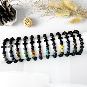 JEWPARK 12Pcs 8MM Cross Beads Semi-Precious Gemstone Bracelet Set Healing Crystal Stone Bracelets for Men Women Round Beaded Stretch Bracelets