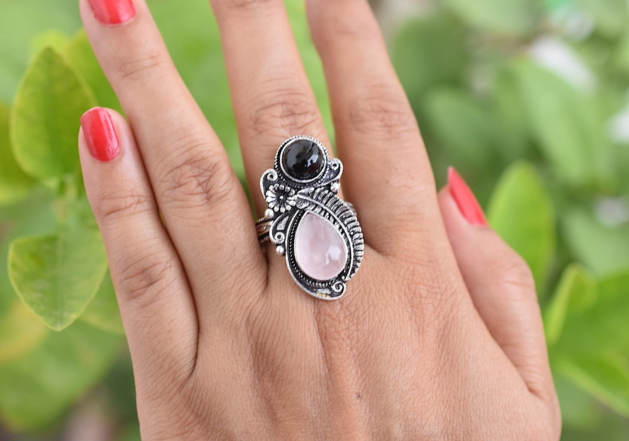 Rekha Gems Rose Quartz Ring-925 Sterling Silver Ring-Vintage Ring-Handmade Ring-Birthday Gift-Pink Gemstone Ring-Boho and Hippie Ring-Birthstone Ring-Rose Quartz Jewelry- ROS43(A) (11 US)