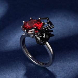 Jeulia Round Cut Silver Ring: Sterling Silver Hug Me Black Spider Gothic Ring Band Fashion Anniversary Promise Engagement Wedding Halloween Ring Set for Her with Gift Jewelry Box (Spider-Red, 8)