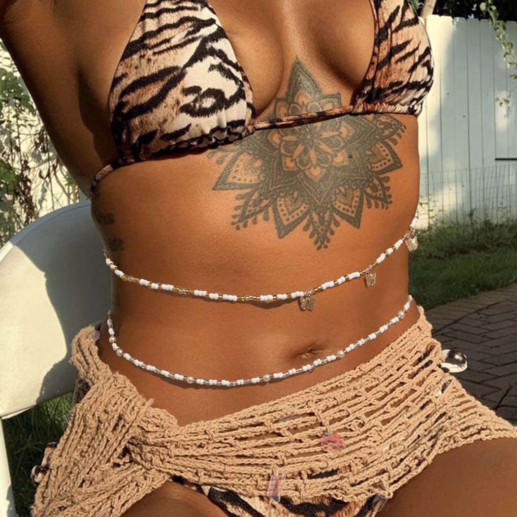 Woeoe Butterfly Waist Beads Gold Bead Belly Chain African Elastic Plus Size Waist Jewelry Body Accessories for Women and Girls