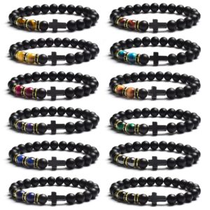 JEWPARK 12Pcs 8MM Cross Beads Semi-Precious Gemstone Bracelet Set Healing Crystal Stone Bracelets for Men Women Round Beaded Stretch Bracelets