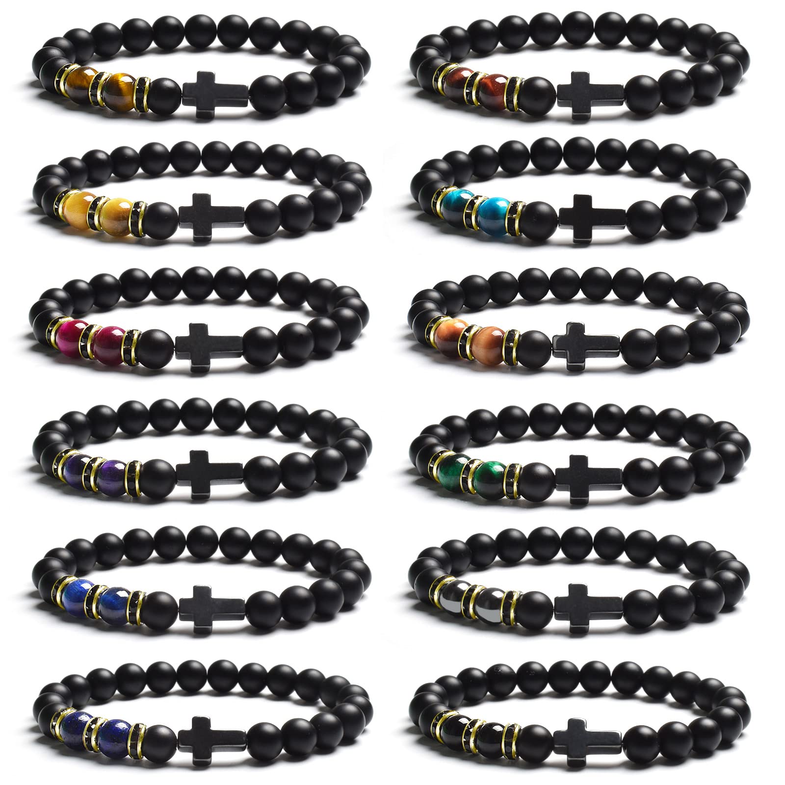 JEWPARK 12Pcs 8MM Cross Beads Semi-Precious Gemstone Bracelet Set Healing Crystal Stone Bracelets for Men Women Round Beaded Stretch Bracelets