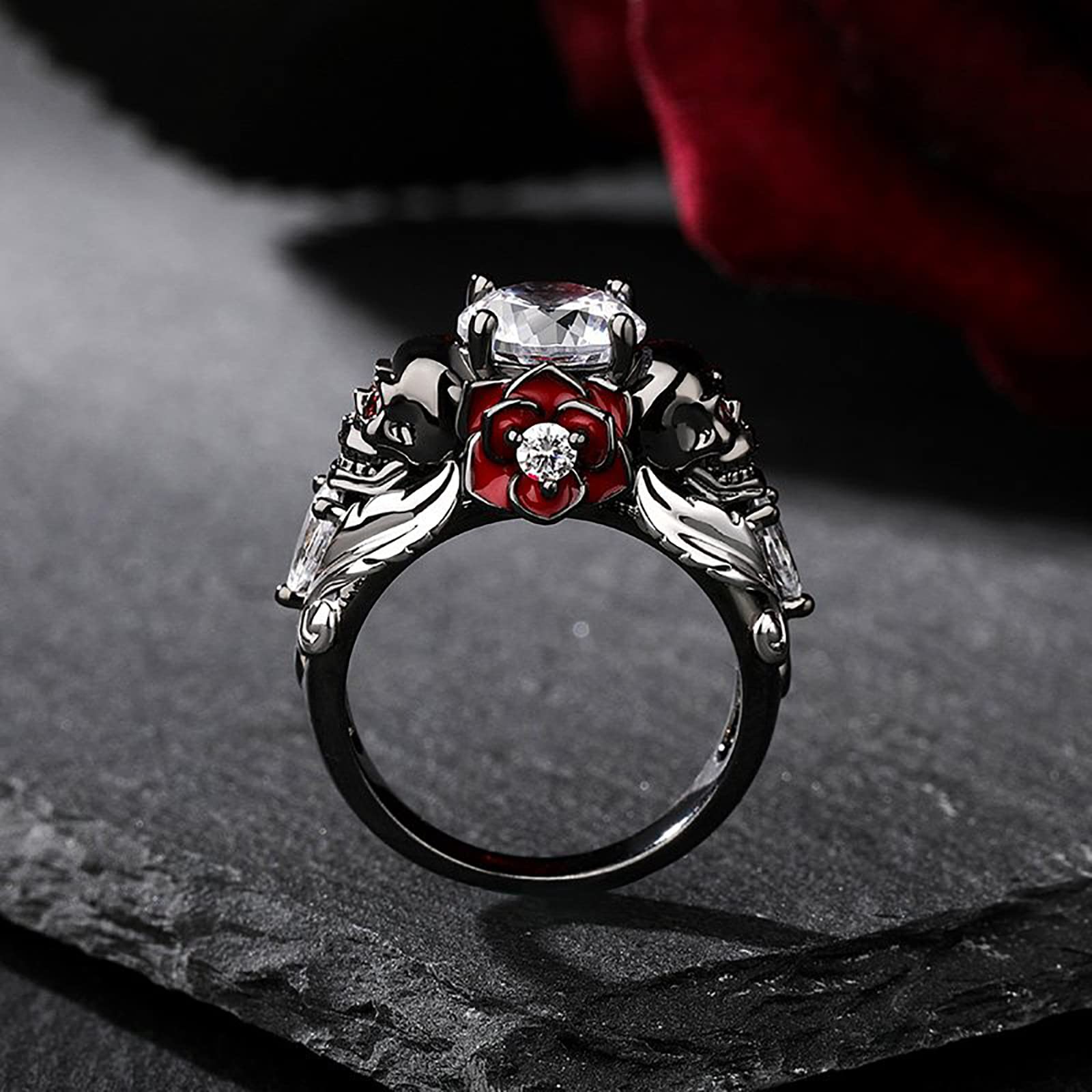 Jeulia 2.55ct Skull Engagement Ring Sets Sterling Silver Heart Cut Red Diamond Ruby Rings Cubic Zirconia Wedding Promise Anniversary Romantic Jewelry for Women Grils Bridal with Gift Box (Romantic Death, 7)