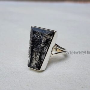 Black Rutile Ring for Women, 925 Sterling Silver Ring, Rutilated Quartz Gemstone Ring, Gift for Her, All US Ring Size (8)