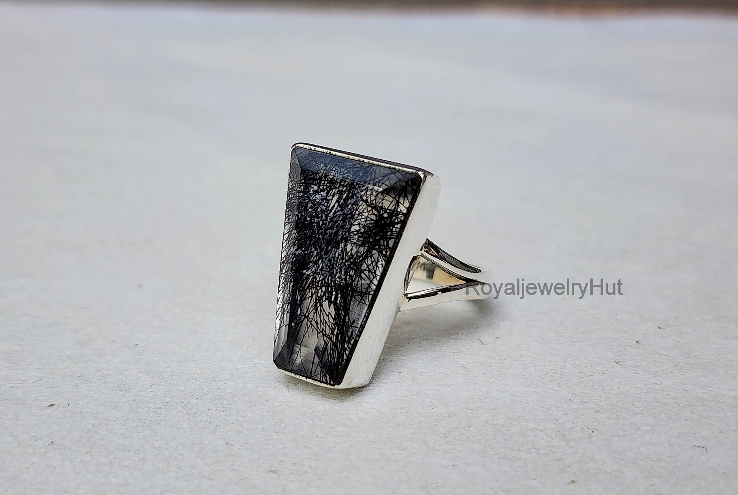 Black Rutile Ring for Women, 925 Sterling Silver Ring, Rutilated Quartz Gemstone Ring, Gift for Her, All US Ring Size (8)