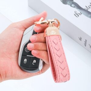 Genuine Leather Keychains, Handmade Knit Sheepskin Car Key chain for Women, Universal Key Fob Holder with 360 Degree Rotatable, Anti-Lost D-Ring, 2 Keyrings and 1 Screwdriver – Pink