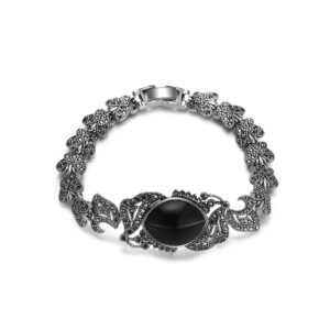 Mytys Vintage Silver Butterfly Bracelet with 21mm Onyx Stone and Black Crystal Inlay, 7.5 Inches for Special Occasions