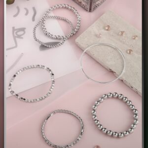 6 Pieces Bracelets Set for Women Stackable Elastic Bead Ball Bracelet Thin Bangle Bracelet Stretch Cubic Bead Bracelet Tennis Bracelet with Round Moissanite (Silver)