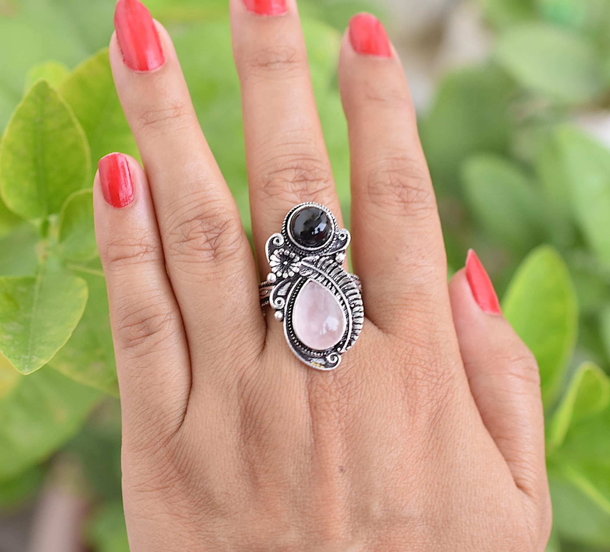 Rekha Gems Rose Quartz Ring-925 Sterling Silver Ring-Vintage Ring-Handmade Ring-Birthday Gift-Pink Gemstone Ring-Boho and Hippie Ring-Birthstone Ring-Rose Quartz Jewelry- ROS43(A) (11 US)