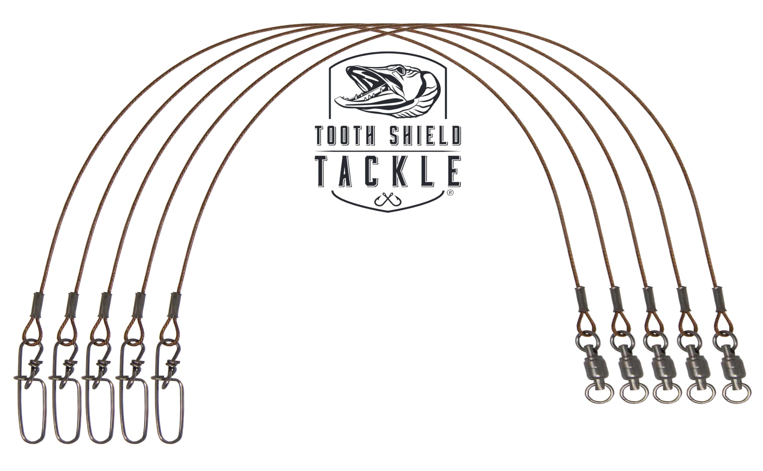 Tooth Shield Tackle 5 Pack 90 lb 10" Premium 49 Strand Wire Musky Leaders Muskie Pike Leader Ball Bearing Swivel Stay-Lok Snap