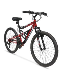 hyper kids mountain bike 24 inch youth downhill mountain bike. shimano 18 speed twist shifters and steel mtb bike frame. full suspension mountain bike. shocker (red/black)