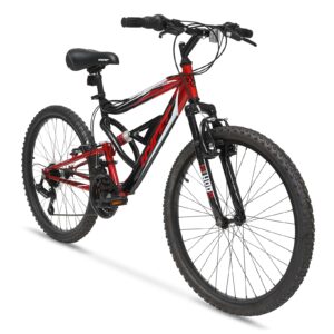 Hyper Kids Mountain Bike 24 Inch Youth Downhill Mountain Bike. Shimano 18 Speed Twist Shifters and Steel MTB Bike Frame. Full Suspension Mountain Bike. Shocker (Red/Black)