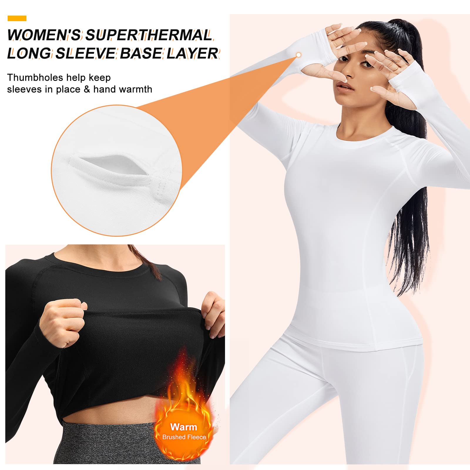 Witkey Thermal Shirt for Women Long Sleeve Warm Soft Fleece Lined Compression Tops Winter Quick Dry Slim Fit Cold Weather Base Layer Women Top for Ski Athletic Workout Sport Running 5021 White M