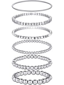 6 pieces bracelets set for women stackable elastic bead ball bracelet thin bangle bracelet stretch cubic bead bracelet tennis bracelet with round moissanite (silver)