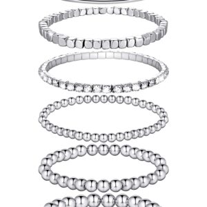 6 Pieces Bracelets Set for Women Stackable Elastic Bead Ball Bracelet Thin Bangle Bracelet Stretch Cubic Bead Bracelet Tennis Bracelet with Round Moissanite (Silver)