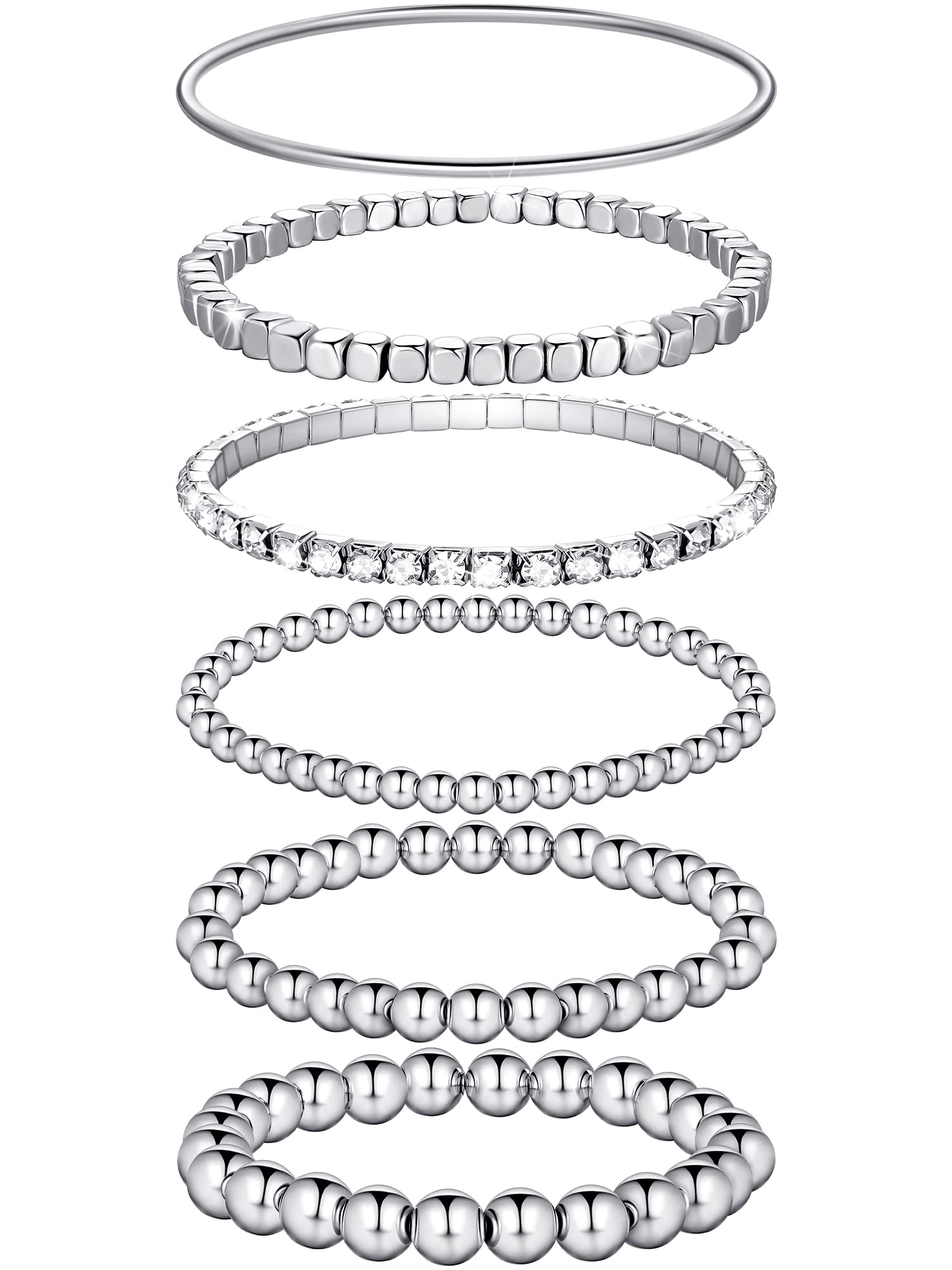 6 Pieces Bracelets Set for Women Stackable Elastic Bead Ball Bracelet Thin Bangle Bracelet Stretch Cubic Bead Bracelet Tennis Bracelet with Round Moissanite (Silver)