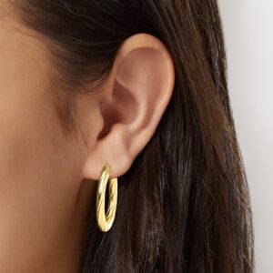 Canaria Italian 10kt Yellow Gold Textured and Polished Oval Hoop Earrings