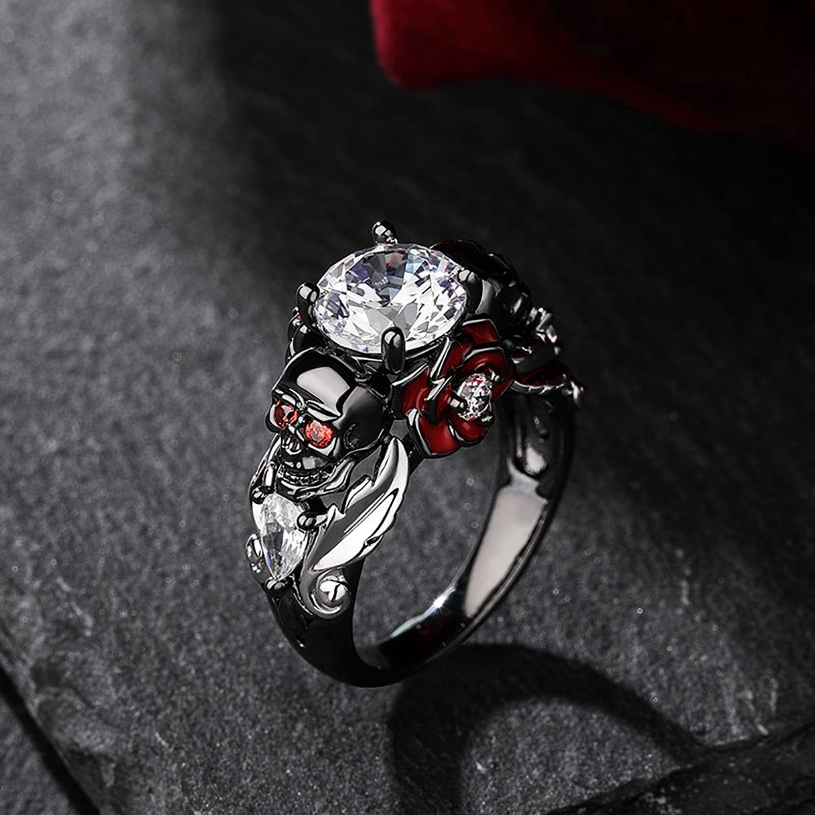 Jeulia 2.55ct Skull Engagement Ring Sets Sterling Silver Heart Cut Red Diamond Ruby Rings Cubic Zirconia Wedding Promise Anniversary Romantic Jewelry for Women Grils Bridal with Gift Box (Romantic Death, 7)