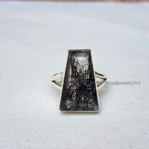 Black Rutile Ring for Women, 925 Sterling Silver Ring, Rutilated Quartz Gemstone Ring, Gift for Her, All US Ring Size (8)