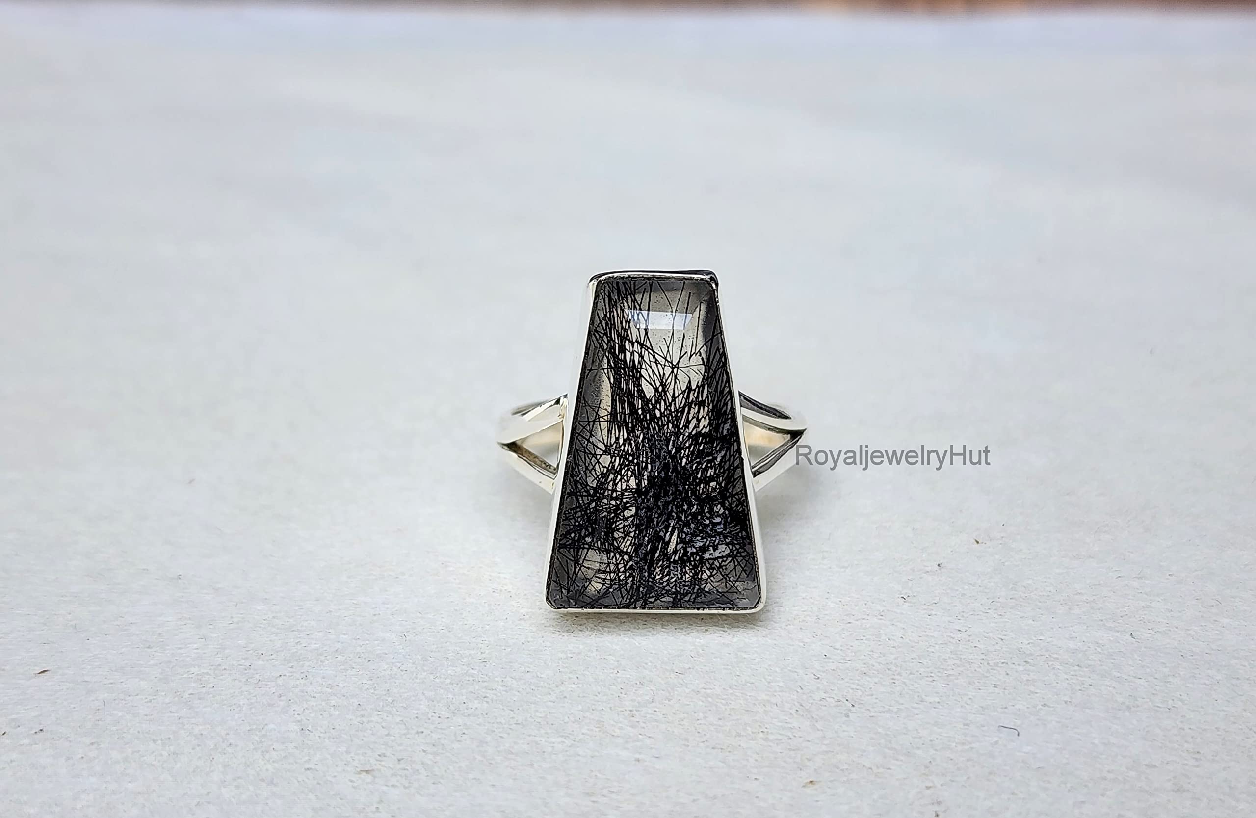 Black Rutile Ring for Women, 925 Sterling Silver Ring, Rutilated Quartz Gemstone Ring, Gift for Her, All US Ring Size (8)