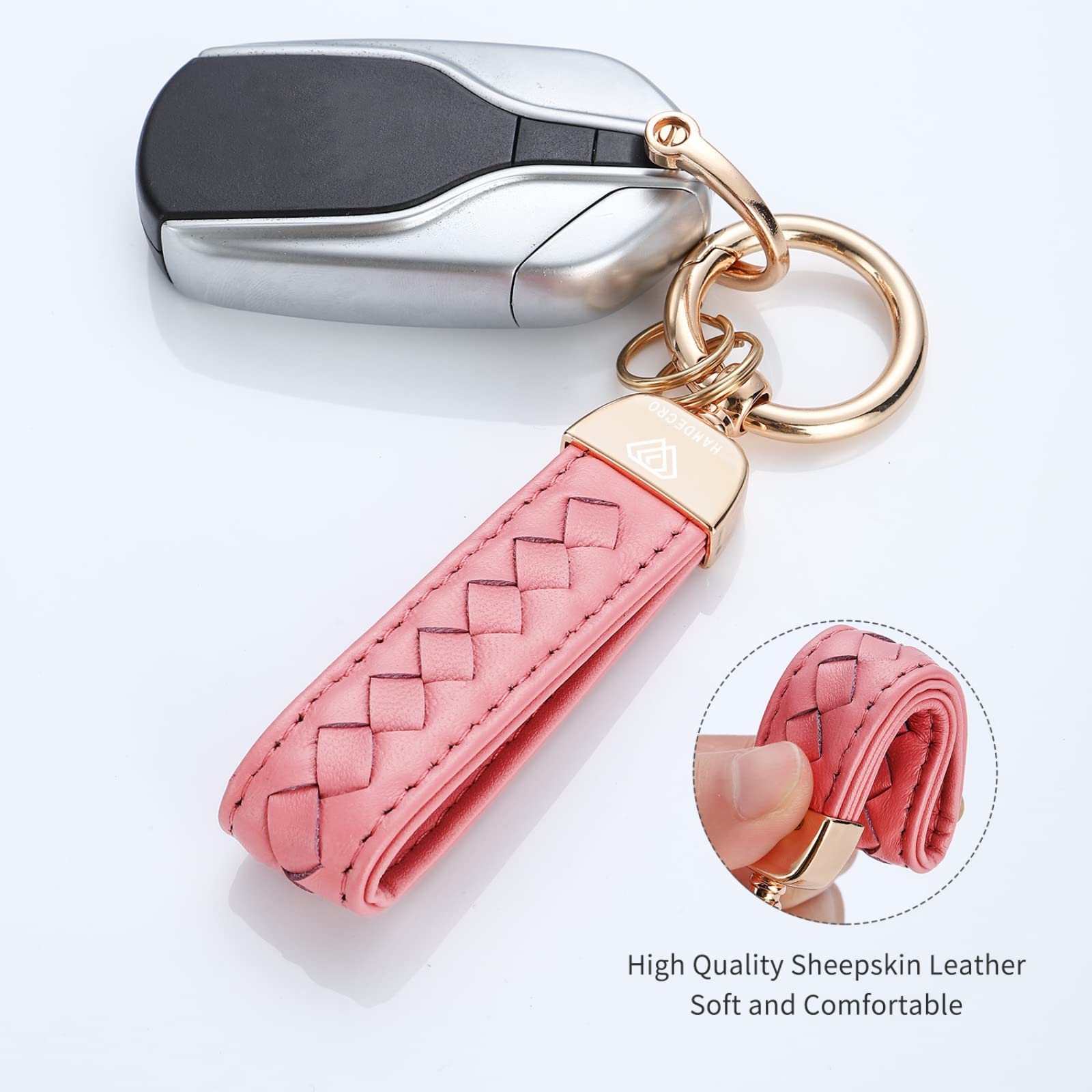 Genuine Leather Keychains, Handmade Knit Sheepskin Car Key chain for Women, Universal Key Fob Holder with 360 Degree Rotatable, Anti-Lost D-Ring, 2 Keyrings and 1 Screwdriver – Pink